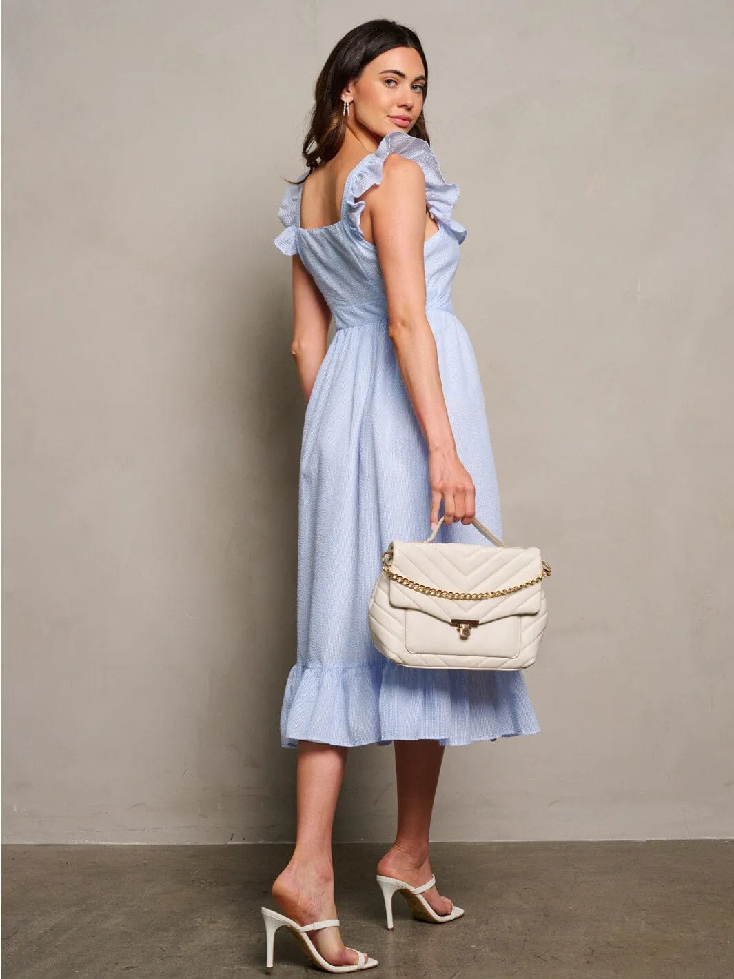 WOMEN'S SLEEVELESS RUFFLE BUTTON UP DETAILED MAXI DRESS