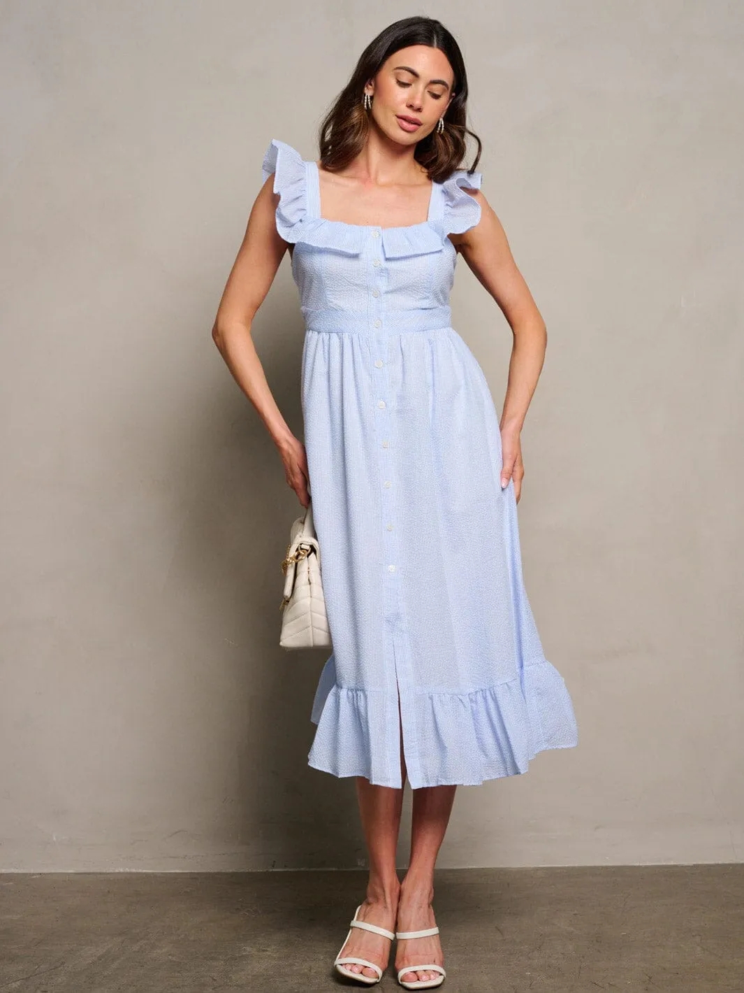 WOMEN'S SLEEVELESS RUFFLE BUTTON UP DETAILED MAXI DRESS