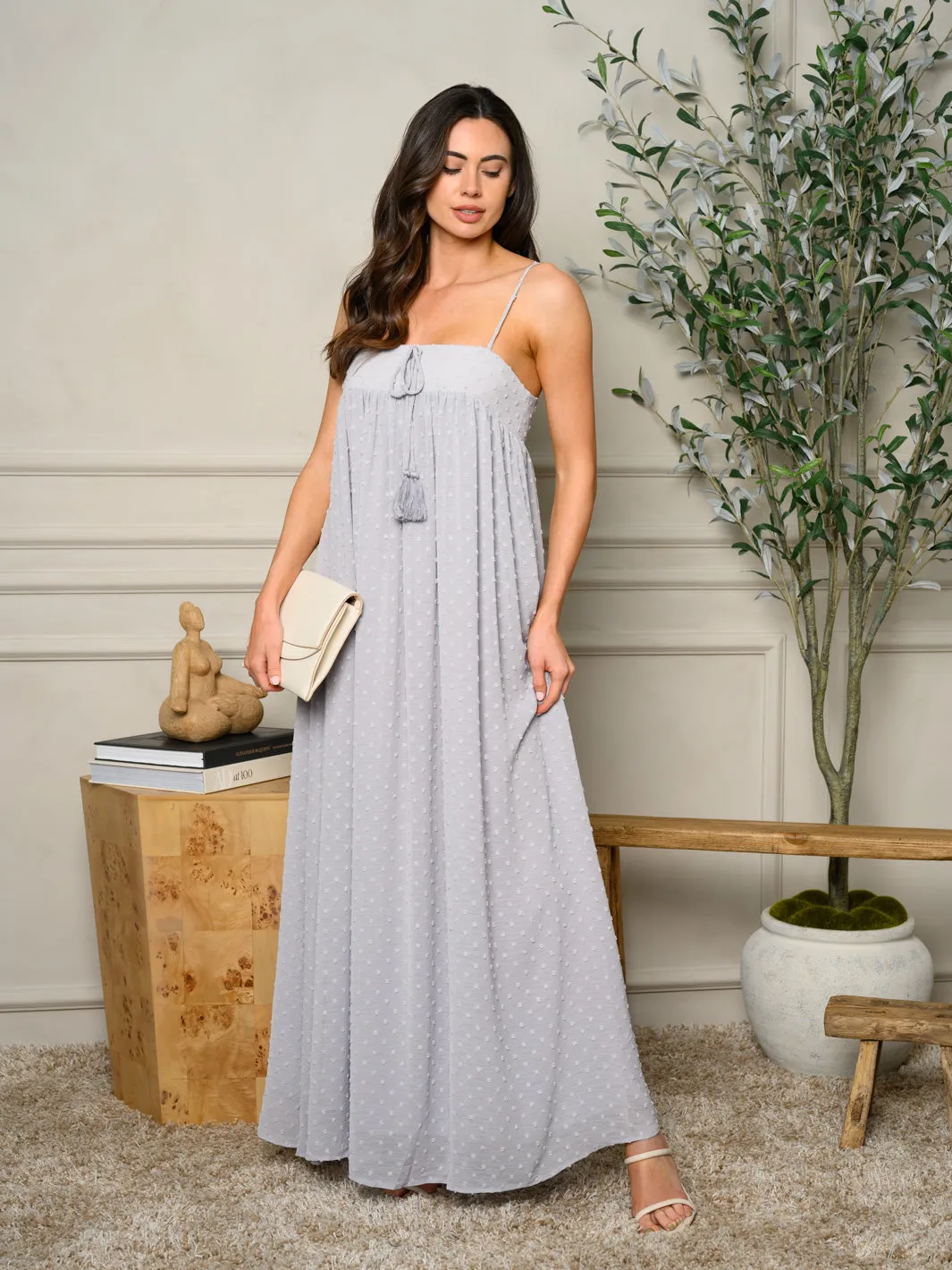 WOMEN'S SLEEVELESS SWISS DOT DETAILED MAXI DRESS
