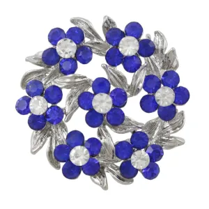 Wreath of Blue Daisies with Clear Crystals Brooch Pin - PRL702