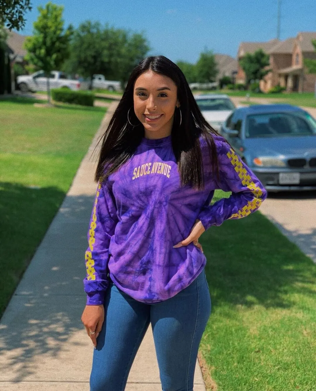 Yellow SA Curve | PurpleMill Long Sleeve Tee (Solid Checkered Drippin Sleeve)