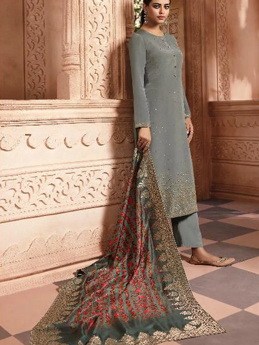 Zeenat Grey Crepe Suit With Dola Silk Digital Print Dupatta